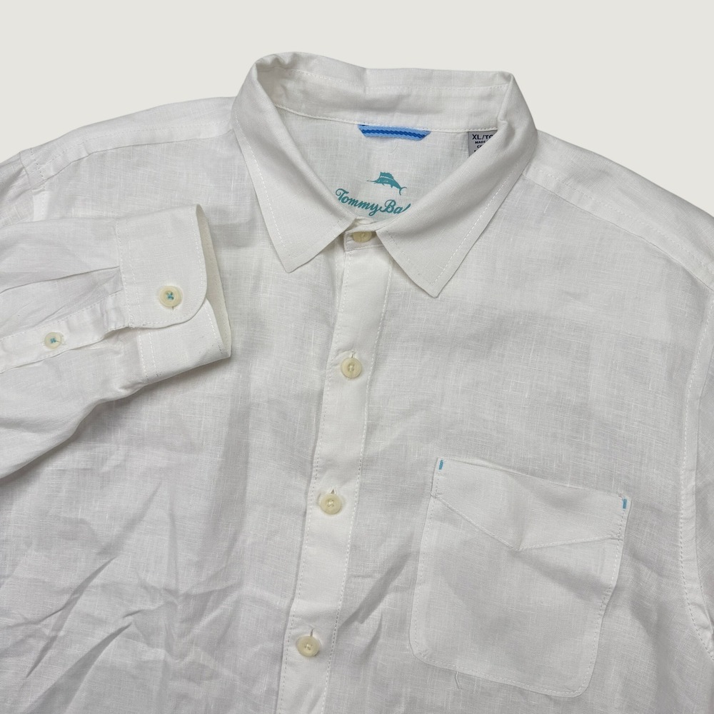 Tommy Bahama Mens XL Button Down Shirt White 100% Linen Long Sleeve Marlin Logo